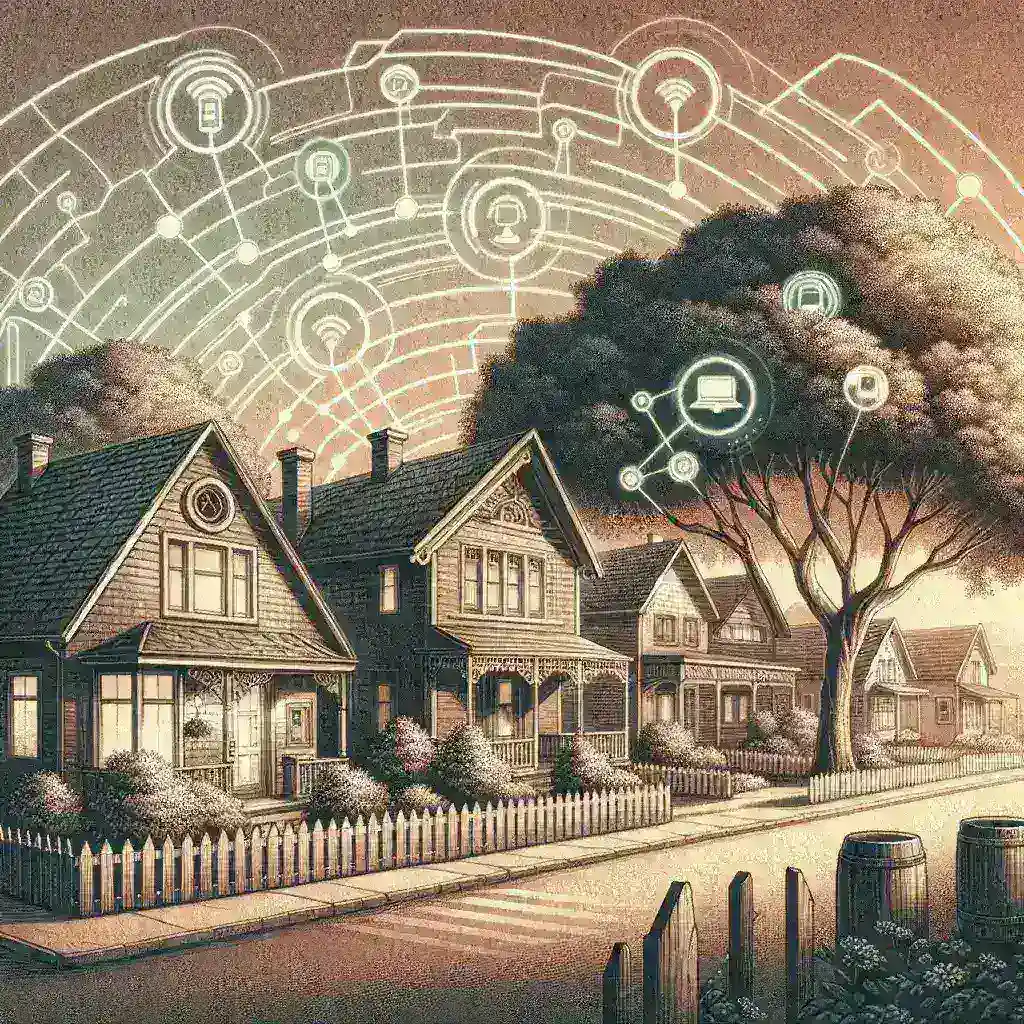 "Amazon Sidewalk Network Expansion – A visual representation of suburban smart homes connected through Amazon's enhanced network coverage, featuring smart devices and homeowners utilizing advanced technology.”